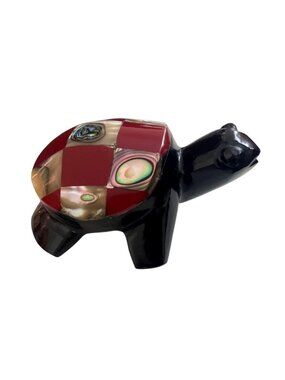Hand-Carved Turtle Figurine Polished Black Onyx Abalone Shell Inlay Red Stone